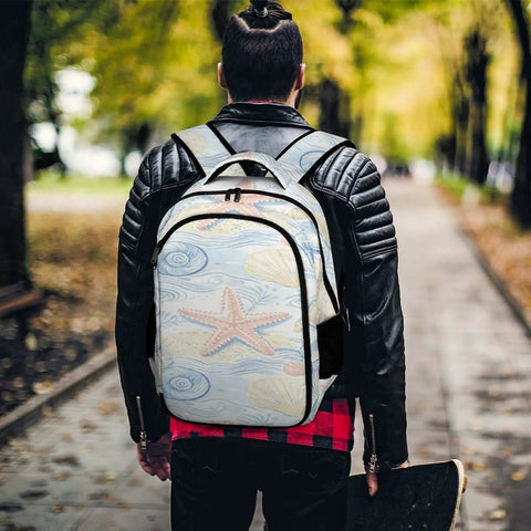 Person wearing Coastal Beach Vibe Starfish Conch Repeat Print Unisex Backpack With Large Capacity Durable Polyester on a path