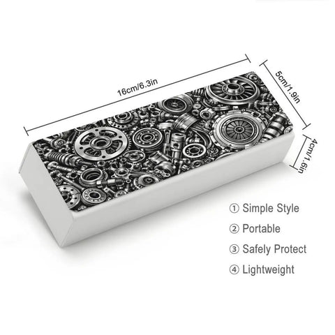 Industrial Metal Gear Textured Leather Eyeglass Case With Heavy Duty Magnetic Closure And Ultra Soft Velvet Lining for 6.3" frames.