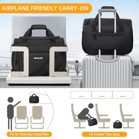 Lightweight Underseat Carry On Bag For Air Travel Tote Weekender Duffle Personal Item That Fits Under Seat For Spirit And Frontier Airlines Ideal For Women And Men Black 16 Inch shown fitting in overhead bin and under seat.