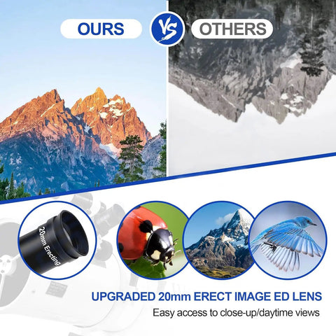 Comparison of Dope 203mm Aperture Reflector Telescope For Adults, showcasing clear mountain and bird views with 20mm erect lens.