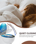 Round Resin Quiet Close Toilet Seat Cover for Bathroom, close-up of soft close feature and ocean design.