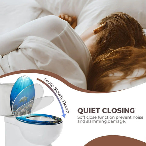 Round Resin Quiet Close Toilet Seat Cover for Bathroom, close-up of soft close feature and ocean design.