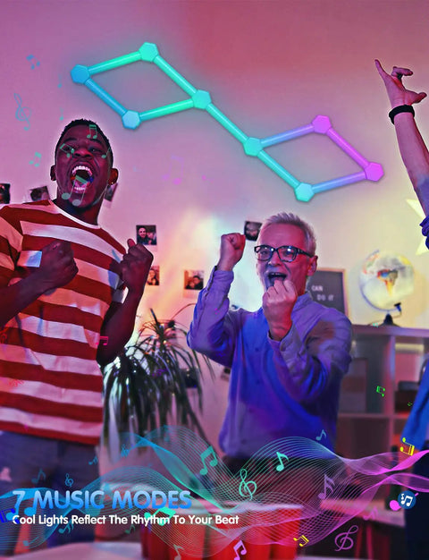 RGBW LED Wall Light Panels With WiFi Control Hexagon And Line Kit illuminating room with music sync, people celebrating