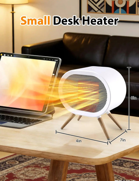 Portable 1000W Ceramic Space Heater For Home And Office With 3 Modes showing airflow on desk with wood grain legs