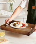 Solid Acacia Wood Serving Trays 2 Pack Real Deal Party Platters Big Time Hosting Essential For Cheese Boards And Charcuterie Spreads With Gorgeous Natural Wood Grain, carrying cheese and figs.