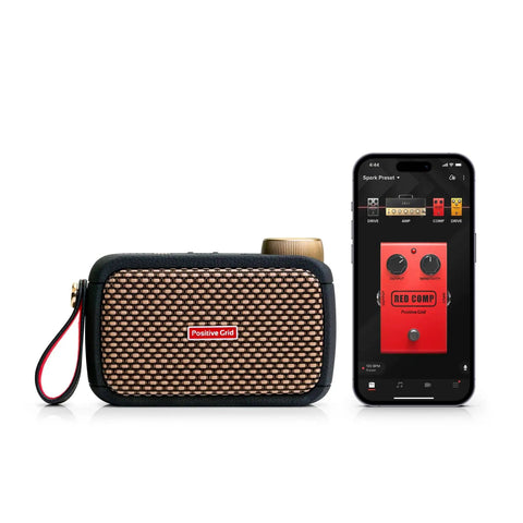 Ultra Portable 5W Smart Guitar Amp With Bluetooth Speaker Headphone Amp And Mobile App For Electric Acoustic Or Bass Guitars 33 Amps 43 Effects Custom Presets 50,000 ToneCloud Tones next to smartphone displaying app interface