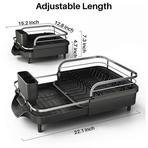 Expandable Dish Drying Rack For Kitchen Counter With Drainboard And Utensil Holder showing adjustable length from 15.2 to 22.1 inches