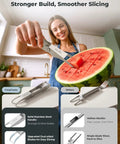 Watermelon Cutter With Retractable Fork 2 In 1 Stainless Steel Fruit Slicer shown slicing cubes from half a watermelon