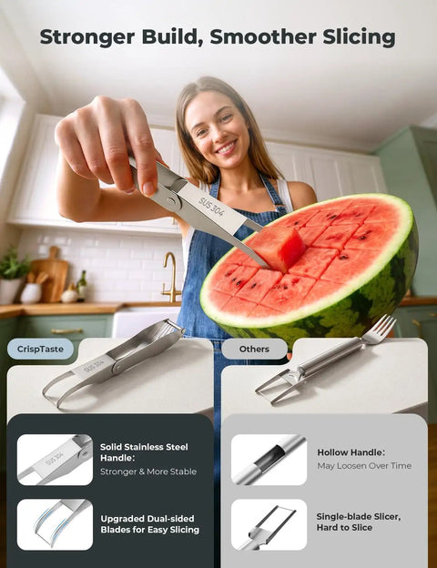 Watermelon Cutter With Retractable Fork 2 In 1 Stainless Steel Fruit Slicer shown slicing cubes from half a watermelon