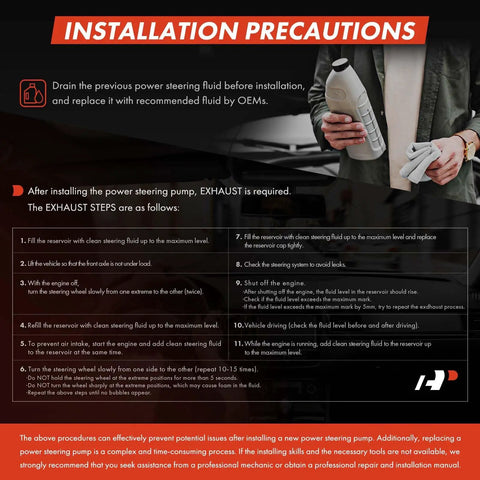 Installation precautions for Brand New Power Steering Pump For Toyota Rav4 1997 To 2000 2.0L 4 Cylinder with instructions.