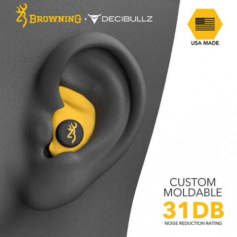 Decibullz Custom Molded Earplugs For Shooting With 31 Decibels NRR in ear, yellow with logo, USA made, hearing protection