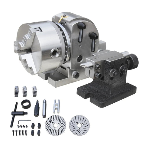 Precision 5-Inch 3-Jaw Chuck Dividing Head with MT2 Tailstock and Dividing Plates for Milling Machines, tool set visible