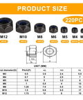 Product size chart for Nylon Insert Hex Lock Nuts Set Of 220 Pieces Carbon Steel Black Lock Nuts With Hex Drive For M3-M12