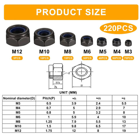Product size chart for Nylon Insert Hex Lock Nuts Set Of 220 Pieces Carbon Steel Black Lock Nuts With Hex Drive For M3-M12