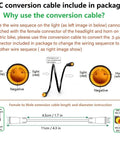 Diagram of a conversion cable showing female to male extension in package for Ebike Front Light With 3 Pin Male Waterproof Connector.