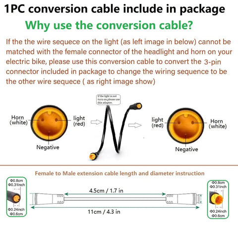 Diagram of a conversion cable showing female to male extension in package for Ebike Front Light With 3 Pin Male Waterproof Connector.