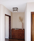 Rustic Burnished Bronze Flush Mount Ceiling Light With White Tiffany Glass, E26 Compatible, showing decorative hallway installation.