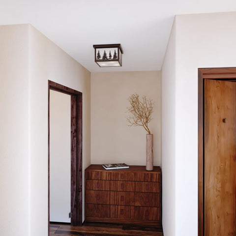 Rustic Burnished Bronze Flush Mount Ceiling Light With White Tiffany Glass, E26 Compatible, showing decorative hallway installation.
