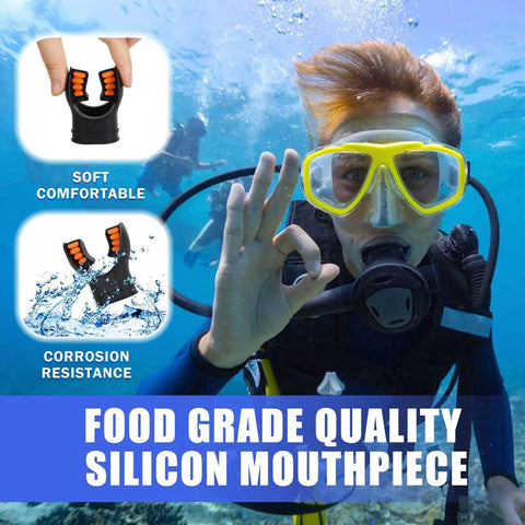 Diver using Silicone Scuba Diving Mouthpiece Regulator Replacement With Regulator Tie, showcasing comfortable bite guard and corrosion resistance.