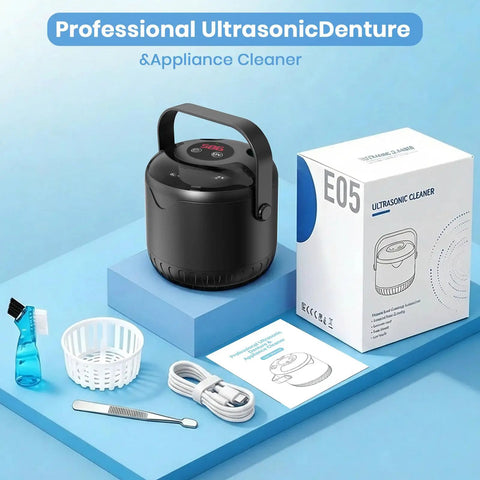 Top Tier 45kHz Ultrasonic Retainer Cleaner Machine For Dentures Night Guards And Mouthguards, black, with accessories on display.