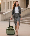 Professional woman with women's TSA rolling laptop bag in green and beige, ideal for work travel and daily commute.