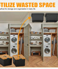 Overhead Garage Storage Rack For Ceiling Mount, Heavy Duty Ceiling Bracket For Garages Sheds Storerooms, Adjustable Width And Orientation, Black Finish, 1 Bin Included, DIY Friendly Install, Space Saver mounted with bins in laundry room.