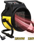 Electric Forced Air Heater With Pivoting Base 5120 BTU In Yellow For Garages And Shops, showing 1500W PTC ceramic heating element.