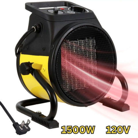 Electric Forced Air Heater With Pivoting Base 5120 BTU In Yellow For Garages And Shops, showing 1500W PTC ceramic heating element.
