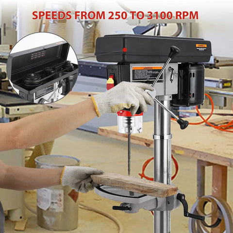 Person using Beast 13 Inch Benchtop Drill Press With 7.5 Amp 120V Motor, Variable Speed 288-3084 RPM, Cast Iron Frame, 0-45 Degree Tilting Table for wood drilling