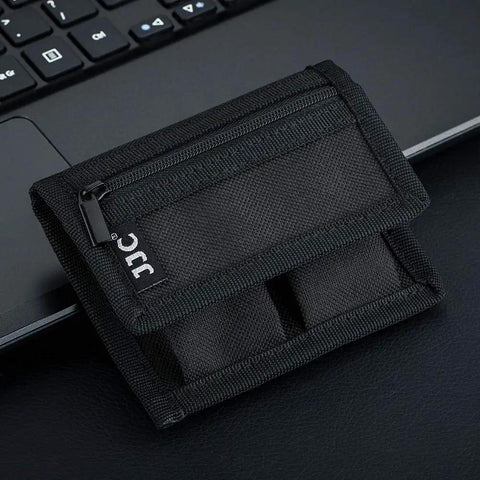 Durable Camera Battery Pouch Case For 2 Batteries With Zipped Card Pocket on laptop