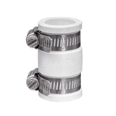 Two Pack 3/4-Inch Flexible PVC Condensate Pipe Couplings for Plastic to Copper Plumbing Connections White, Leak-Proof