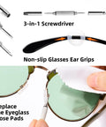 Eyeglasses cleaning kit with 3-in-1 screwdriver bits, non-slip grips, nose pad replacements, and microfiber cloth.