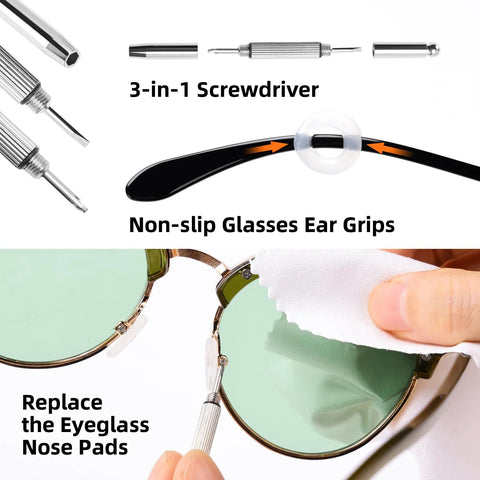Eyeglasses cleaning kit with 3-in-1 screwdriver bits, non-slip grips, nose pad replacements, and microfiber cloth.