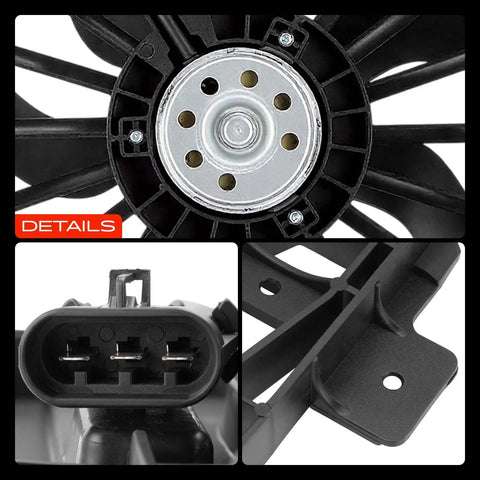 Heavy Duty Electric Radiator Cooling Fan Assembly Quick Swap For Cadillac Xlr And Chevrolet Corvette Oem Spec close-up of blades and connectors.