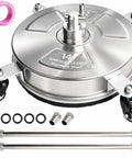 14 Inch Pro Grade Pressure Washer Surface Cleaner With Stainless Steel Body And Four Wheels For Concrete Patio Deck And Pathways One Quarter Inch Quick Connector Includes Two Extension Wands And Replacement Nozzles Up To 4000 PSI, shown with accessories