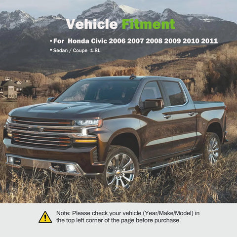 Vehicle fitment banner for Honda Civic 2006–2011 sedan/coupe 1.8L; blue pickup truck in a desert field.