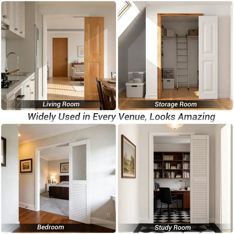 Top Notch Concealed Bifold Barn Door Hardware Kit With Slick Stainless Steel Track For Right Open Folding Closet Doors and Hassle Free Doorframe Mounting 180 Degree Pivot Bracket For 32 Inch Openings showcased in various rooms.