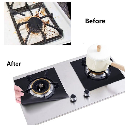 Two Pack Gas Stove Burner Covers 0.2mm Double Thickness Reusable Gas Range Protectors For 30 Inch Stoves in use before and after cleaning