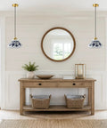 SIMEESO Ceramic Pendant Light, Chinese Blue and White Porcelain Pendant Lamp above a wooden console and mirror in a farmhouse setting.