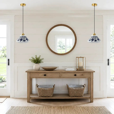 SIMEESO Ceramic Pendant Light, Chinese Blue and White Porcelain Pendant Lamp above a wooden console and mirror in a farmhouse setting.