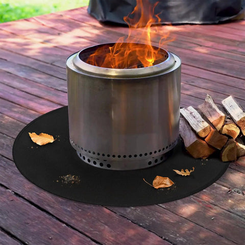 39 Inch Round Fire Pit Mat For Solo Stove Bonfire And Ranger 2.0, Fireproof Fiberglass Under Grill Mat on wooden deck.