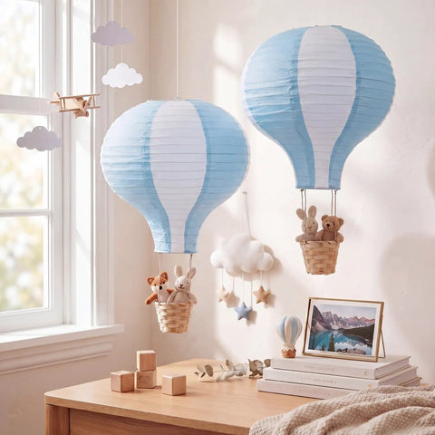 Two Pack Hanging Hot Air Balloon Paper Lanterns For Nursery Decor 15.7 Inch Centerpieces Reusable Blue And White Set With Twine Hooks And Baskets For DIY Craft Wedding Birthday Christmas Living Room Home.