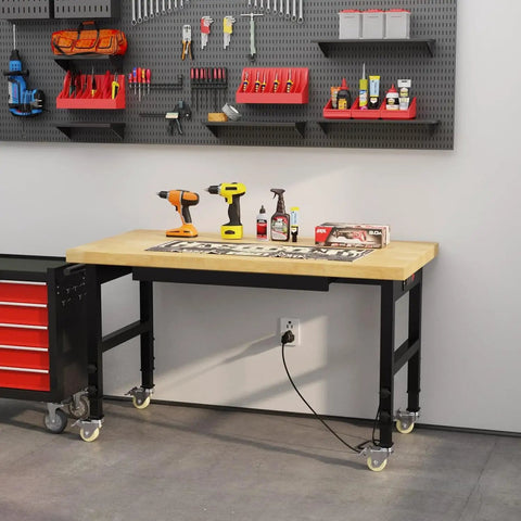 Knockout 48 Inch Rolling Work Bench With Secure Drawers, No Sweat Height Adjustments Handling Two Thousand Pounds, Built In Power Strip Straight Up Ready For Garage Tinkering Or Home Shop Builds