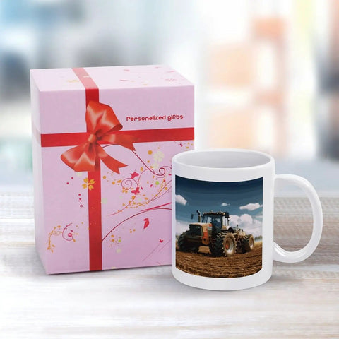 Fantasy Farm Tractor Ceramic Coffee Mug With Large Easy Grip Handle For Coffee And Tea Sippin Sublimation Ready Personalized And Machine Washable Drinking Cup next to gift box