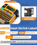 Premium Replacement Heat Shrink Tube Labels For One Half Inch Width Heavy Duty Thermal Tape, A18055 label printer, black on white.