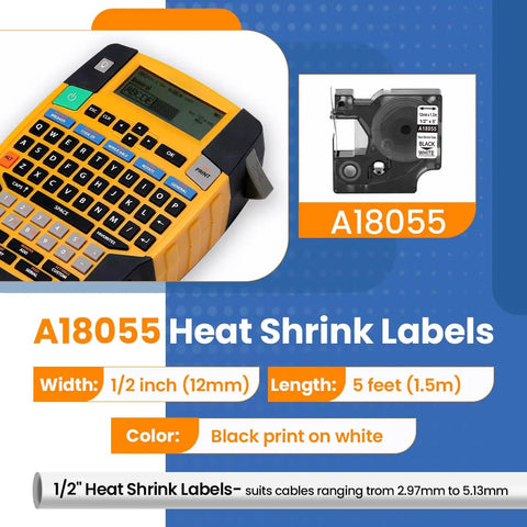 Premium Replacement Heat Shrink Tube Labels For One Half Inch Width Heavy Duty Thermal Tape, A18055 label printer, black on white.