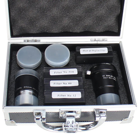 Ultimate Telescope Accessory Kit with 1.25 Inch Plossl Eyepieces, 4 Filters, and 2x Barlow Lens in aluminum case