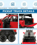 Pickup truck details showing doors open, pull back function, lighting and sound effects on 1:32 scale red Mammoth die-cast model.