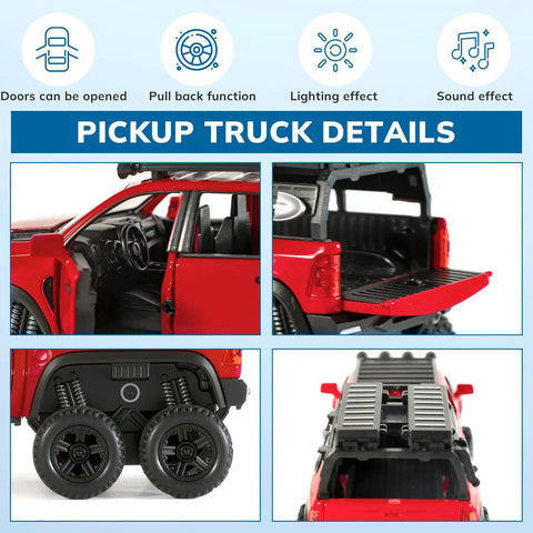Pickup truck details showing doors open, pull back function, lighting and sound effects on 1:32 scale red Mammoth die-cast model.