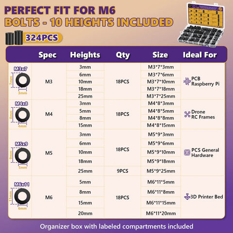 Must Have 324 Piece Black Nylon Spacer Kit For M3 To M6 Screws And Bolts 3 To 25 Millimeter Heights 18 Size Assortment For Electronics Robotics DIY Mounting Durable Versatile Spacers, organizer chart